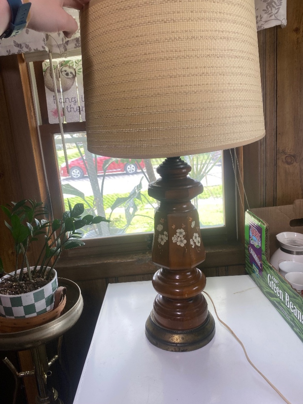 Vintage Floral Turned Wood Lamp With Woven Shade Tested and works!